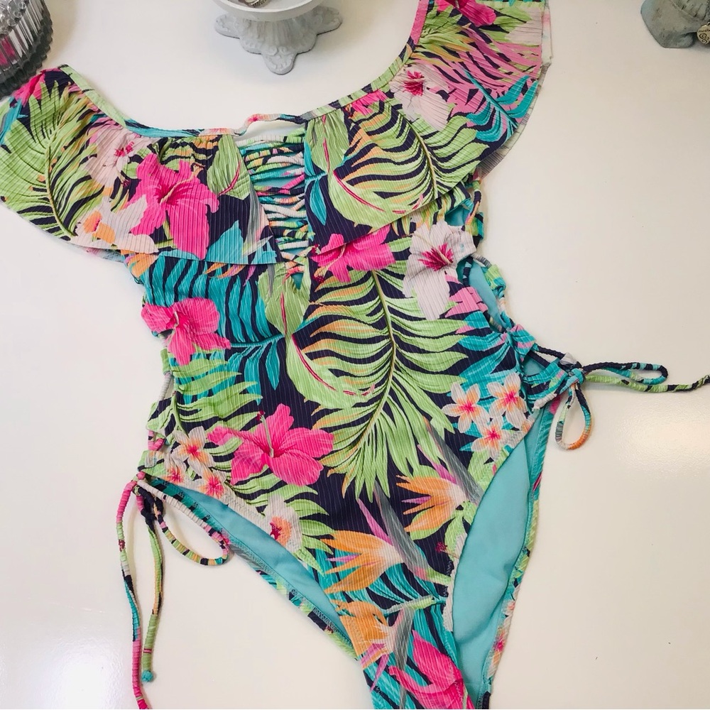 TiniBikini Off Shoulder Tropical Ruffle Swimsuit Sz S NWOT!
